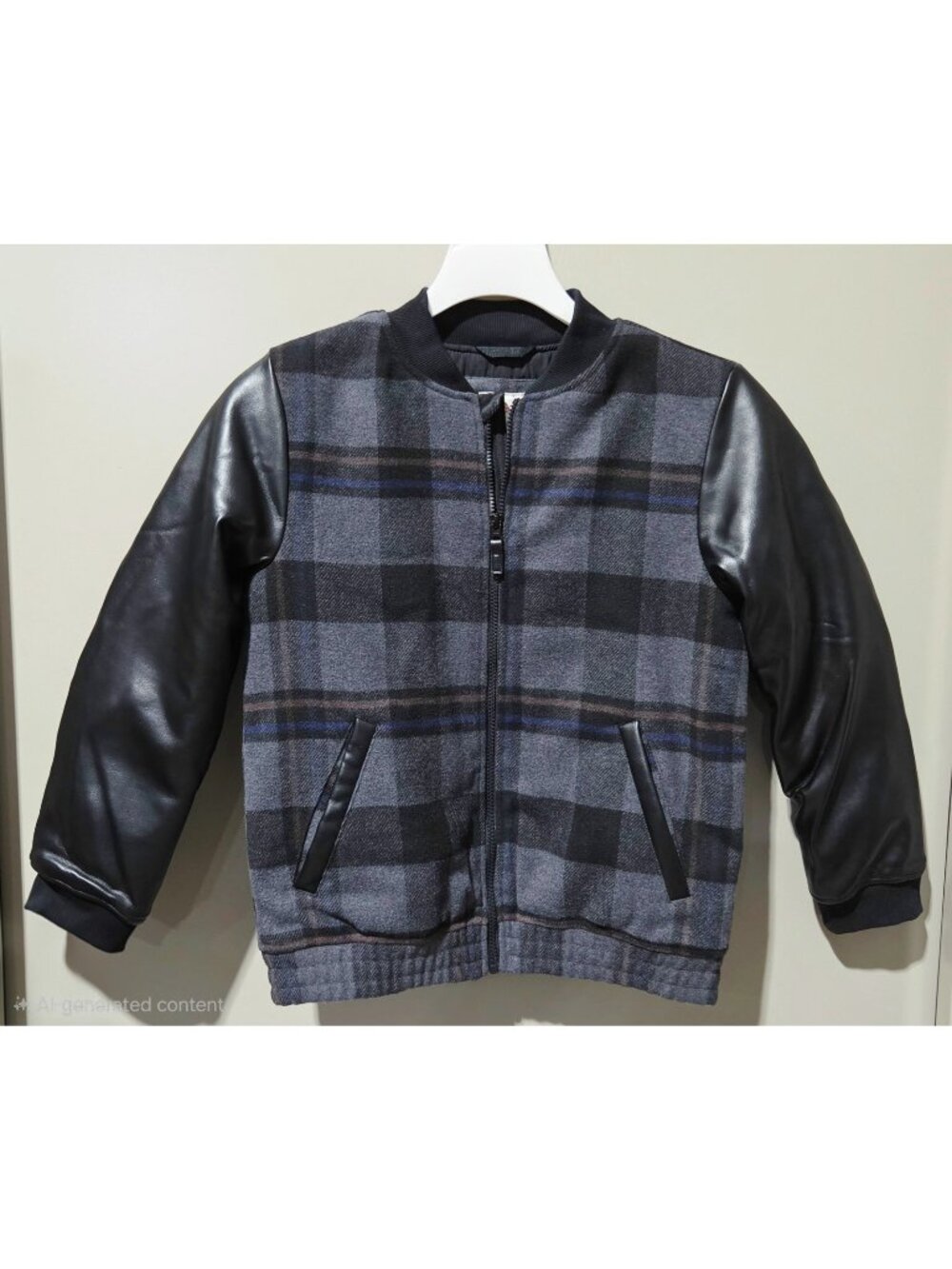 Cat & Jack Black Plaid & Faux Leather Sleeves Bomber Jacket - Boys' Size XS 4/5